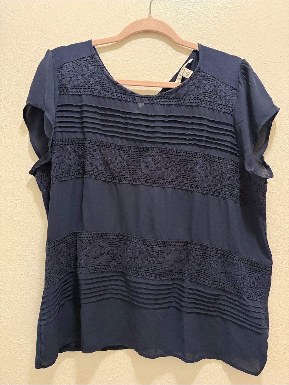 LC Lauren Conrad Navy Crochet Pintuck Short Sleeve Top